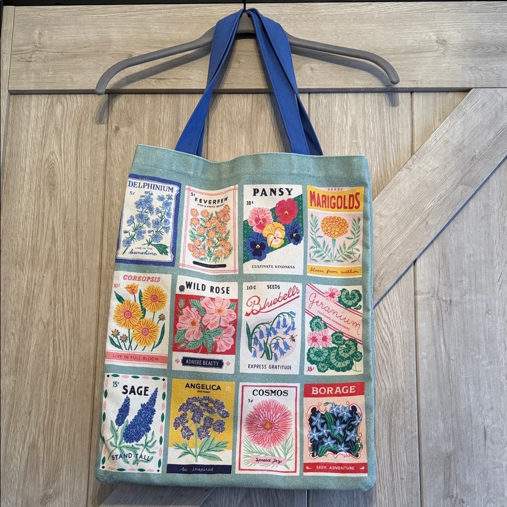 Galison Garden Floral Print Tote Bag with Blue Handles